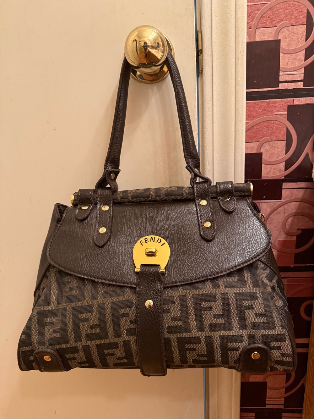 Fendi Brown and Dark Brown Monogram Satchel with Gold Hardware